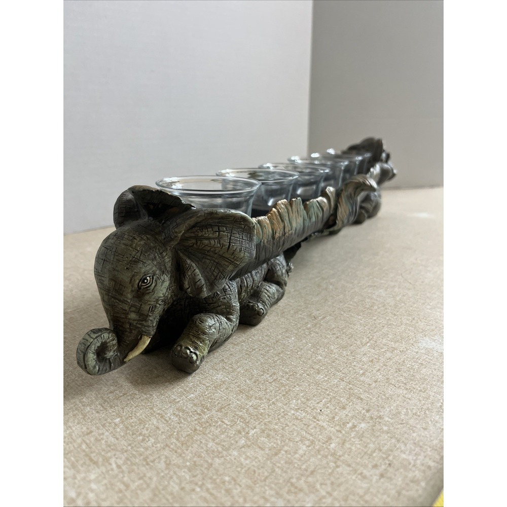Hand Carved Elephants Resin 6 Candles Holder 18" Long. Burnished Look Realistic